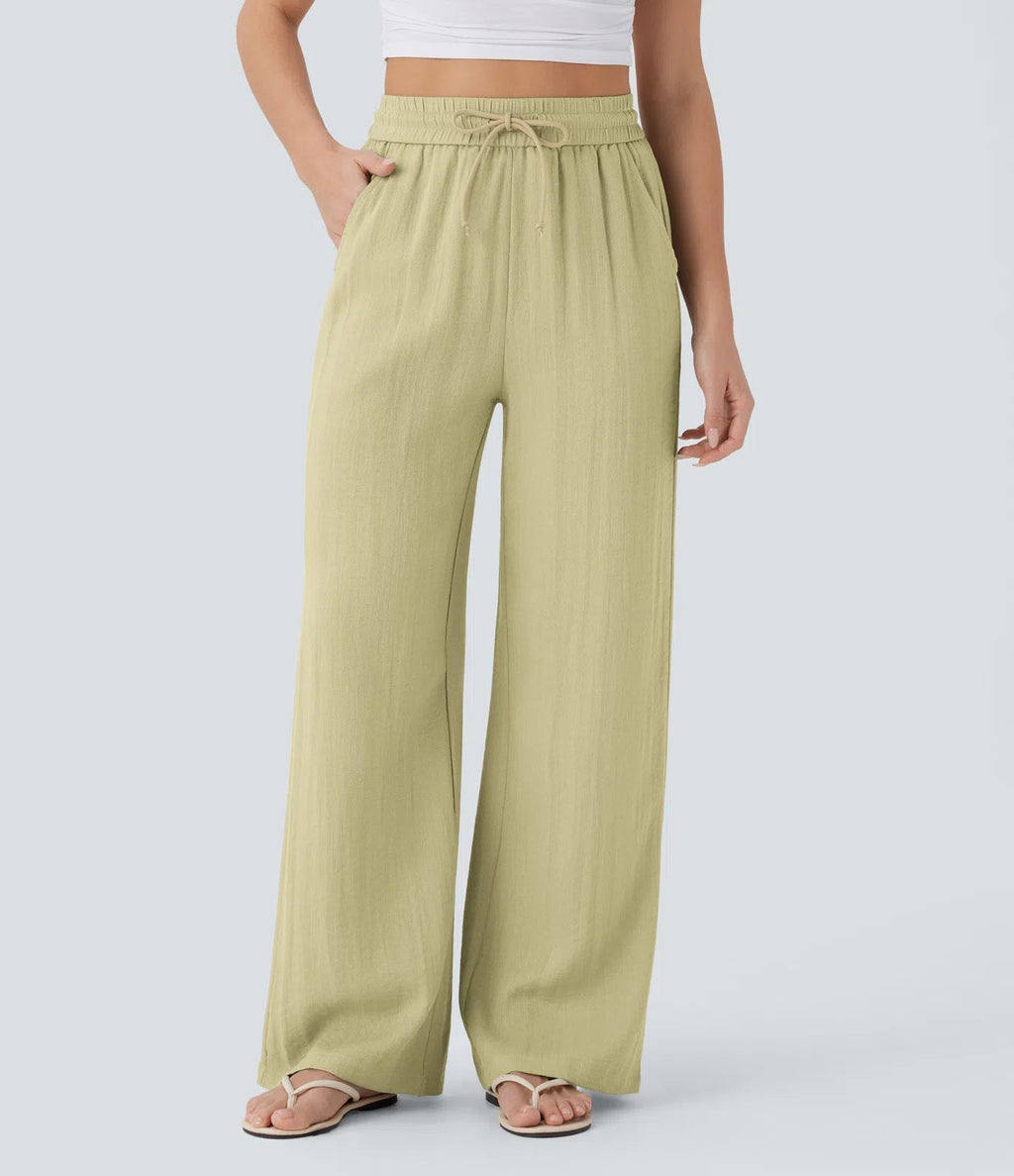 Pantalon ample taille haute en lin avec cordon de serrage et grandes poches