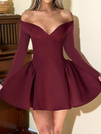 Robe unie à épaules dénudées pour femmes, élégante robe longue à manches longues et coupe trapèze pour les fêtes, les vacances, les invitées de mariage, vêtements de printemps et d'automne pour femmes