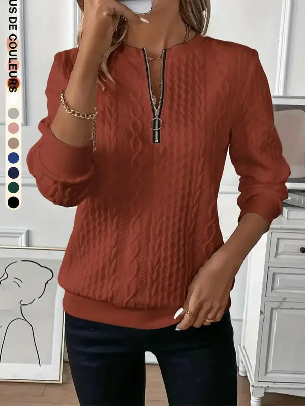 Sweat-shirt uni texturé à demi-glissière pour femme, pull décontracté à manches longues et col rond pour l'automne et l'hiver, vêtements féminins pour le quotidien