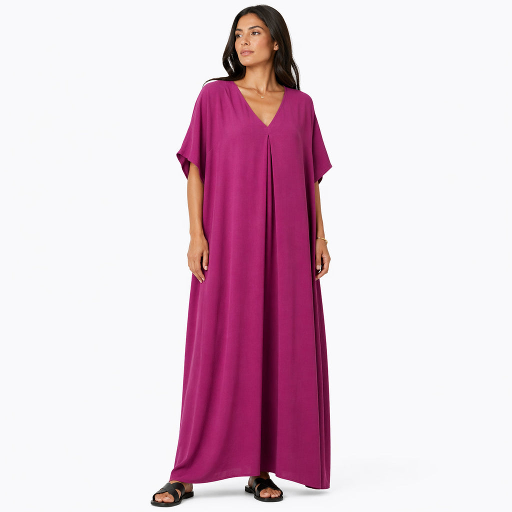 Robe longue, ample et fluide à col en V pour femme – chic et confortable pour l'été.