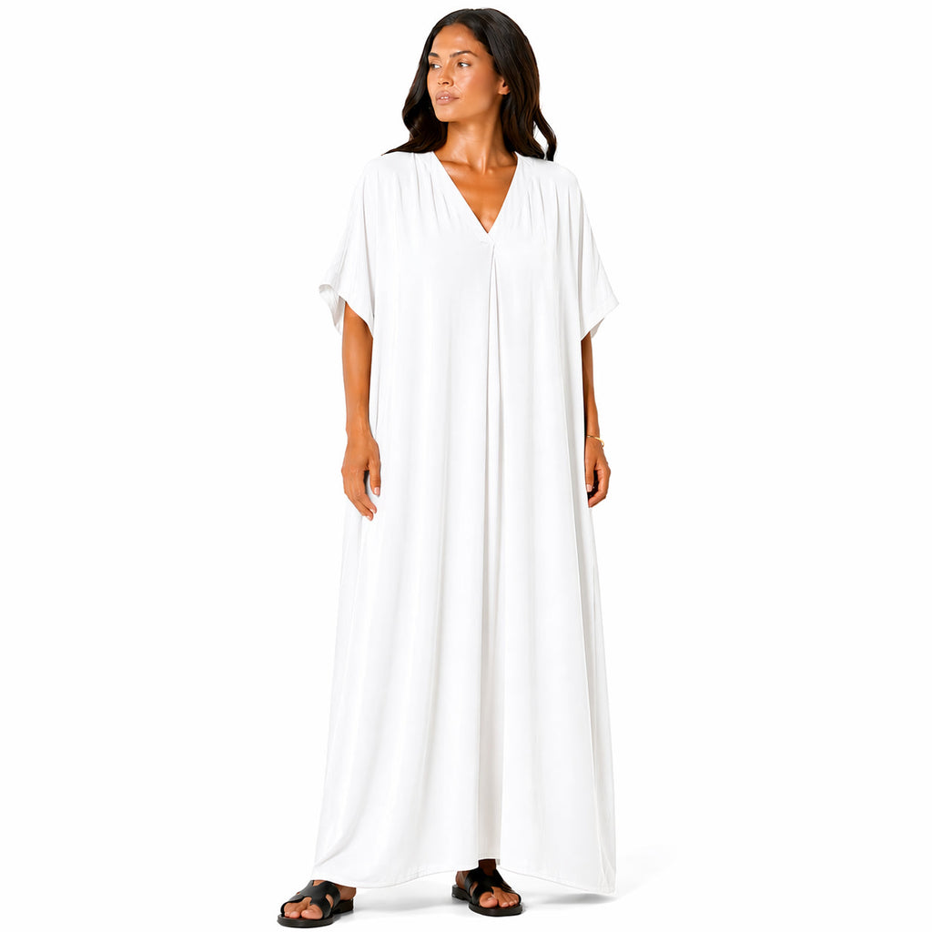 Robe longue, ample et fluide à col en V pour femme – chic et confortable pour l'été.