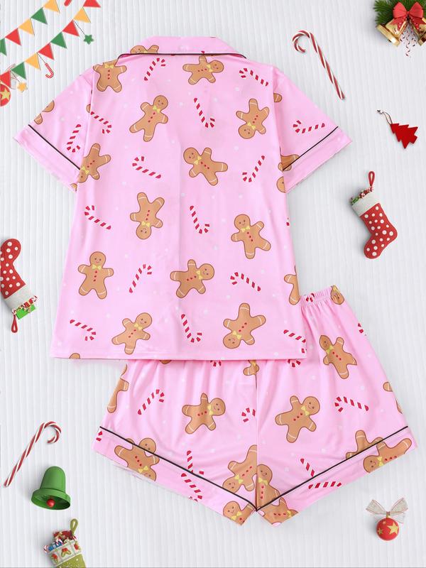 Ensemble pyjama de Noël pour femme, imprimé biscuits de Père Noël, haut boutonnée à manches courtes et short élastique, vêtements de nuit décontractés toutes saisons, pyjama de Noël, vêtements d'intérieur