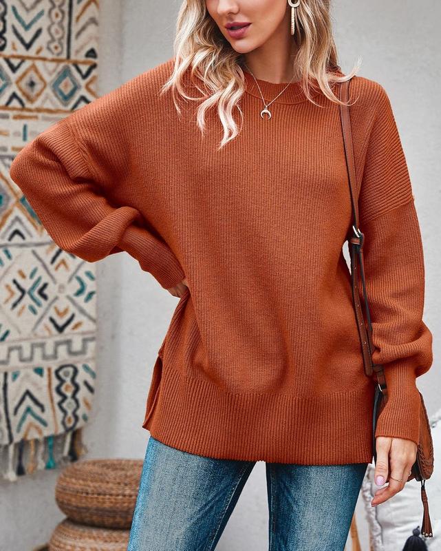 Pull Tunique Oversize Femme, Ample, Manches Longues, Tricot Côtelé, Fentes Latérales