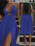 Nuovo abito estivo sexy a portafoglio con scollo a V, gonna spaccata stile spiaggia, abito lungo alla moda da donna, perfetto per le vacanze