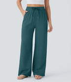 Pantalon ample taille haute en lin avec cordon de serrage et grandes poches