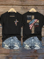Women's Stand For The Flag Kneel For The Cross Printed Casual T-Shirt