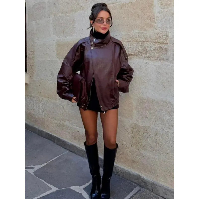 Giacca in Ecopelle Nera Collo Coreana Oversize Stile Moto Biker Orlo Elasticizzato Streetwear Casual Maniche Lunghe Impermeabile Antivento Capispalla per Primavera & Autunno, Abbigliamento Donna per Tutti i Giorni