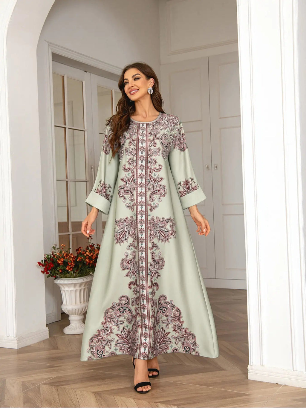 Robe longue bohème élégante pour femmes musulmanes, imprimé intégral, coupe ample, col rond, manches à revers, manches longues, toutes saisons