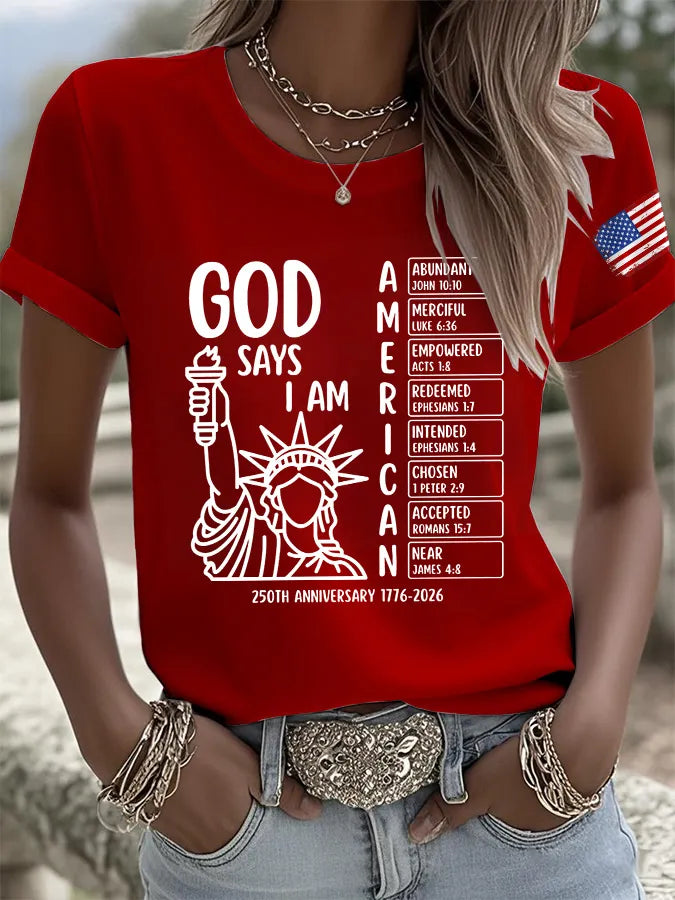 T-Shirt Stampa Retro God Says I Am American 250th Anniversary