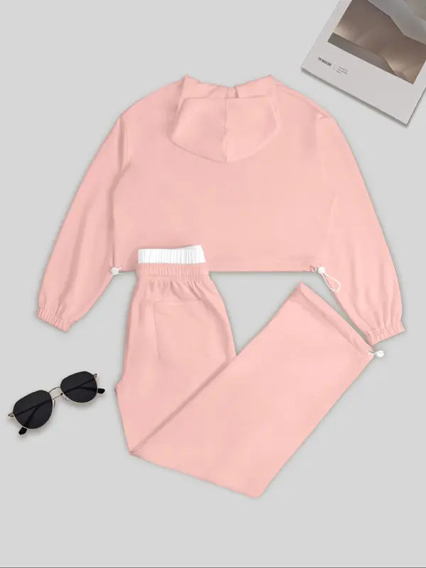 Ensemble ample à capuche avec cordon de serrage taille, couleur unie, style sport décontracté pour femme