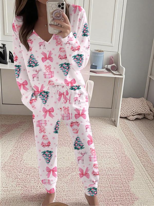 Completo casual da donna con stampa natalizia, top a maniche lunghe con scollo a V e pantaloni con cintura, pigiameria e abbigliamento da casa da donna, moda primavera e autunno