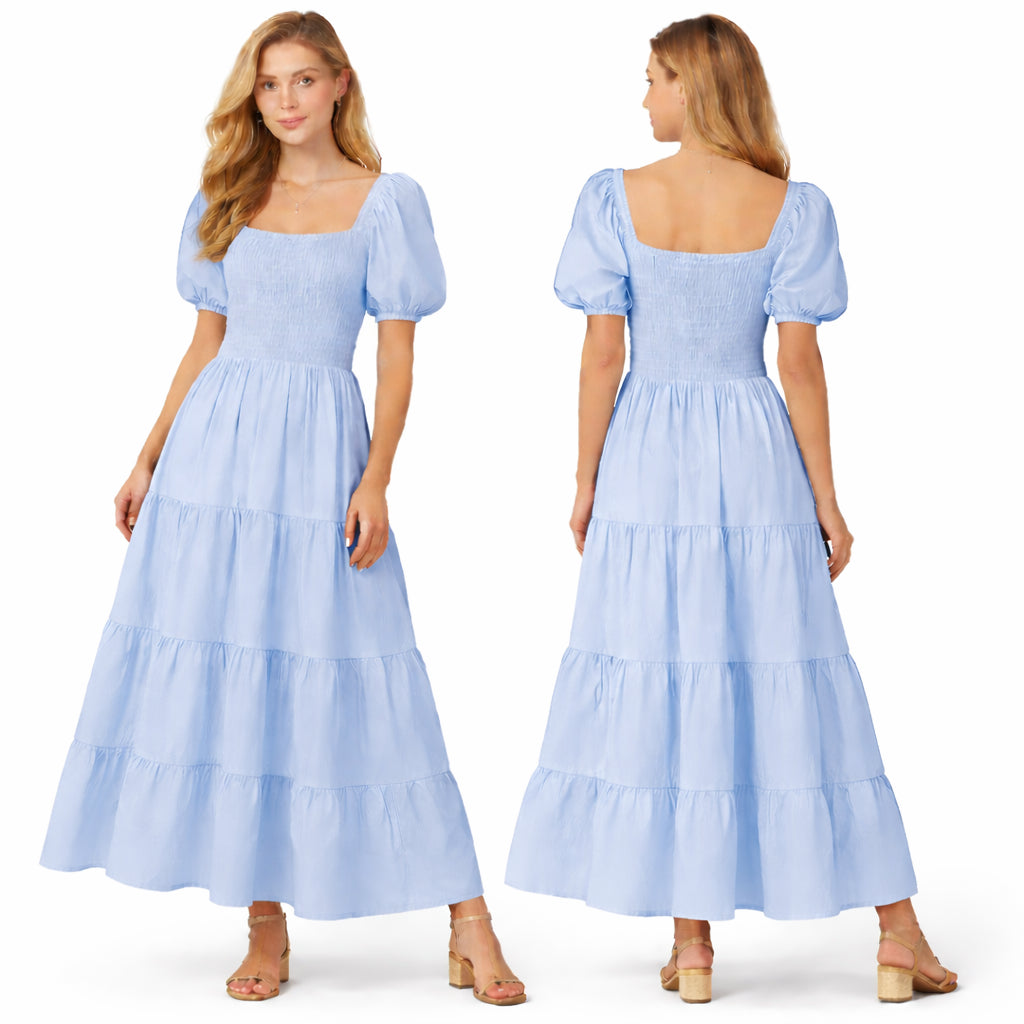 Longue robe smockée pour femme, manches bouffantes, coupe fluide à volants, style élégant pour l'été.