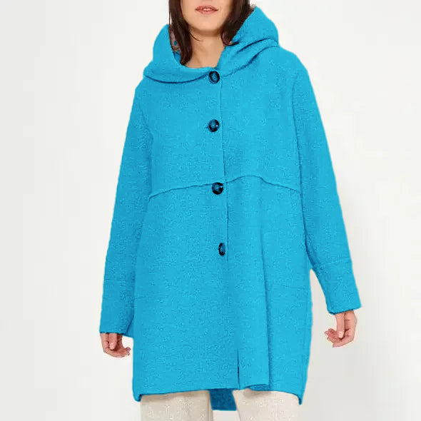 Cappotto con cappuccio e bottoni da donna per l'autunno/inverno, elegante e versatile, adatto a varie occasioni.