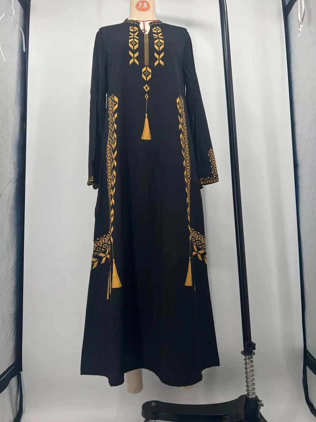 Vestito da donna con stampa digitale, abito a trapezio a maniche lunghe in tessuto intrecciato stile mediorientale, vestibilità casual aderente per le stagioni primavera e autunno, abbigliamento femminile