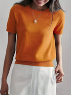 Pull en maille unie à col rond et manches courtes pour femme, tricot basique décontracté pour le printemps et l'automne, vêtements en tricot tendance pour femme pour le quotidien, prêt-à-porter féminin