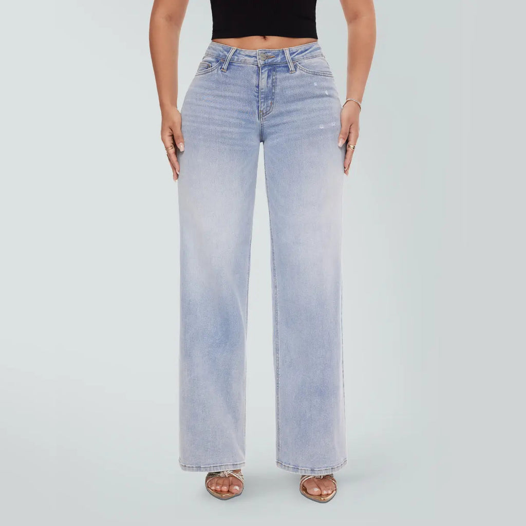 Magic SHAPUM Jeans BBL da Donna a Vita Media-Bassa, Gamba Larga, Vestibilità Comoda, Elasticizzati, in Denim, NERI, in Denim Elasticizzato, Gamba Larga, Jeans Larghi