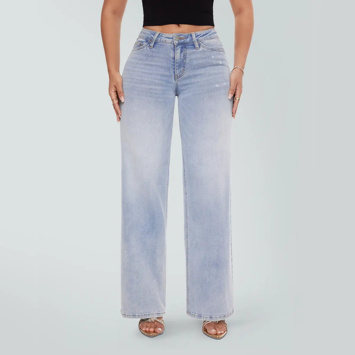 Magic SHAPUM Jeans BBL da Donna a Vita Media-Bassa, Gamba Larga, Vestibilità Comoda, Elasticizzati, in Denim, NERI, in Denim Elasticizzato, Gamba Larga, Jeans Larghi
