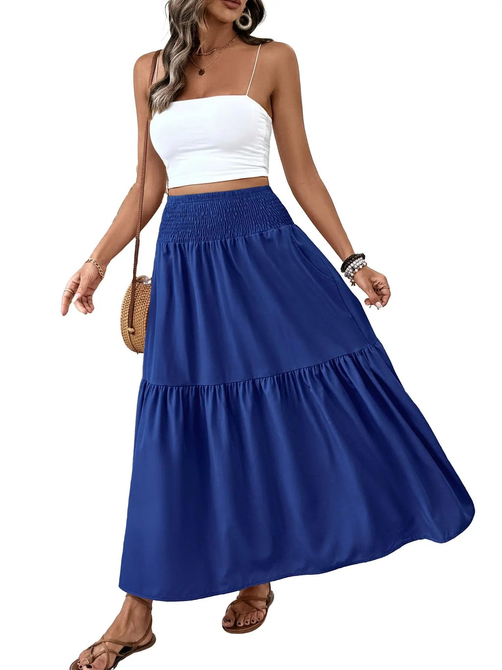 Gonna casual floreale da donna a trapezio, vita elastica con tasche, orlo a foglia, gonna lunga aderente, abito a media lunghezza alla moda