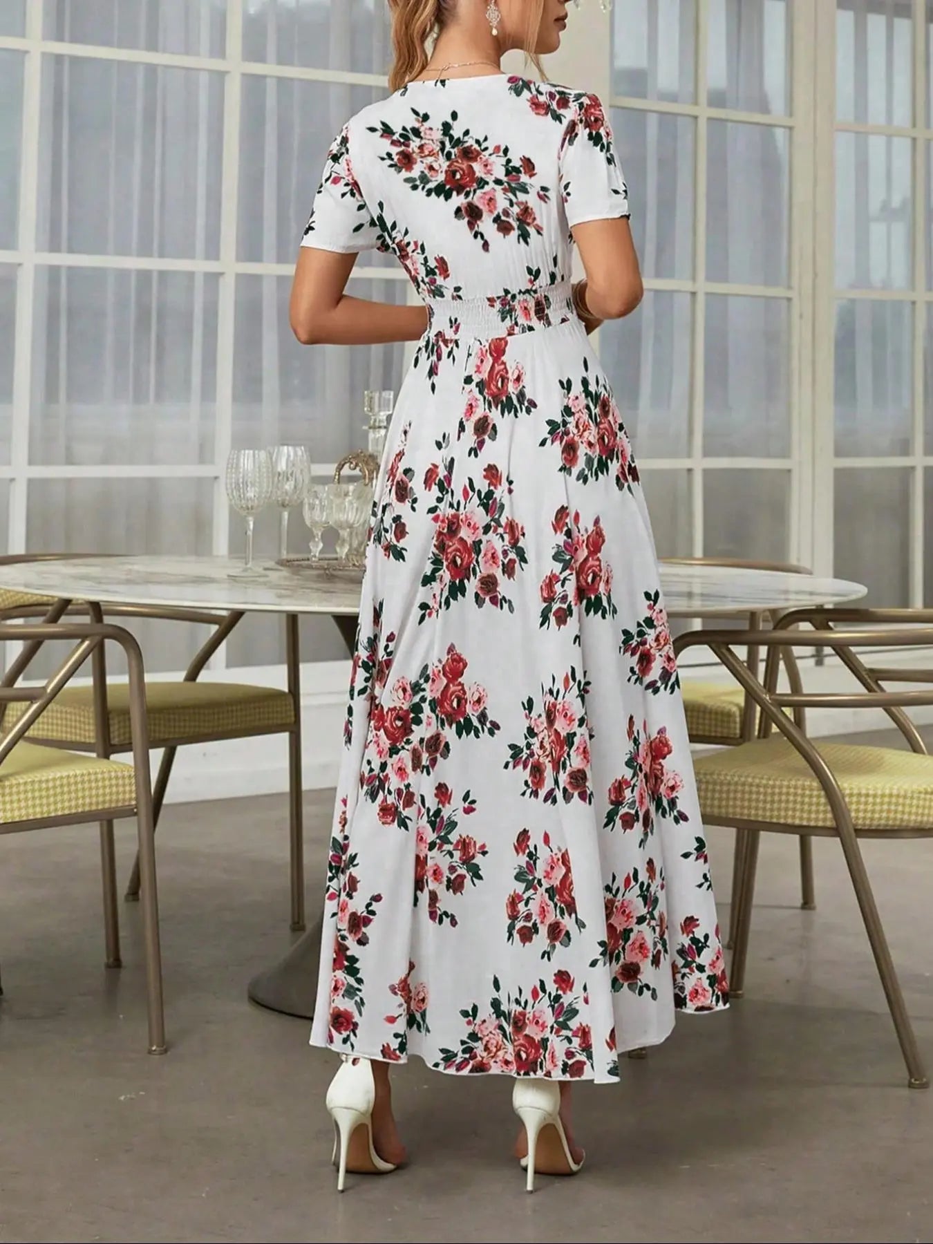 Vestito floreale con bottoni sul davanti da donna, vestito estivo a maniche corte in stile francese boho, abbigliamento da donna per vacanze al mare