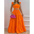 Ensemble deux pièces jupe longue et haut froncé couleur unie / imprimé floral pour femme, tenue décontractée bohème haut et jupe pour les vacances quotidiennes, pour femmes, pour l'été