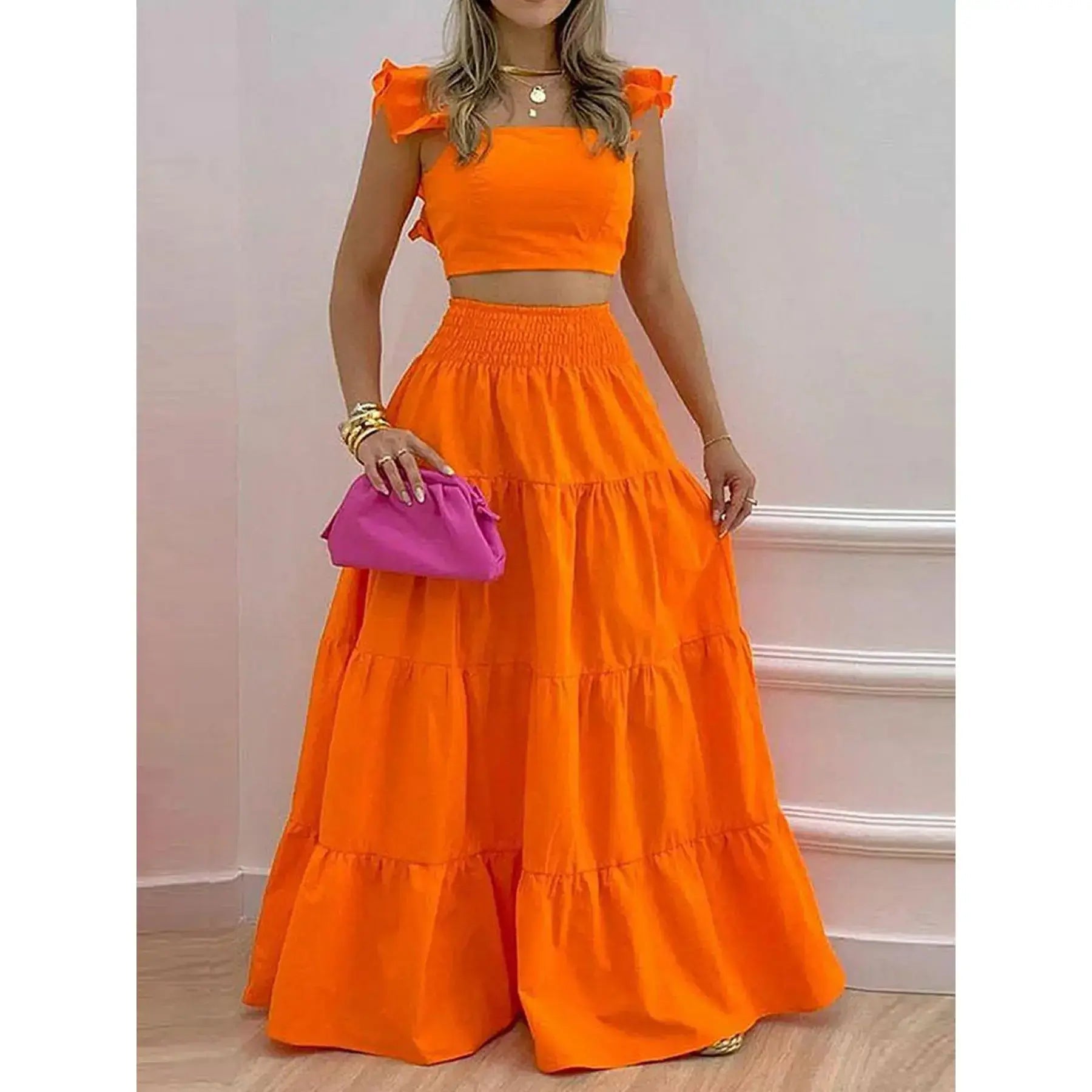 Ensemble deux pièces jupe longue et haut froncé couleur unie / imprimé floral pour femme, tenue décontractée bohème haut et jupe pour les vacances quotidiennes, pour femmes, pour l'été