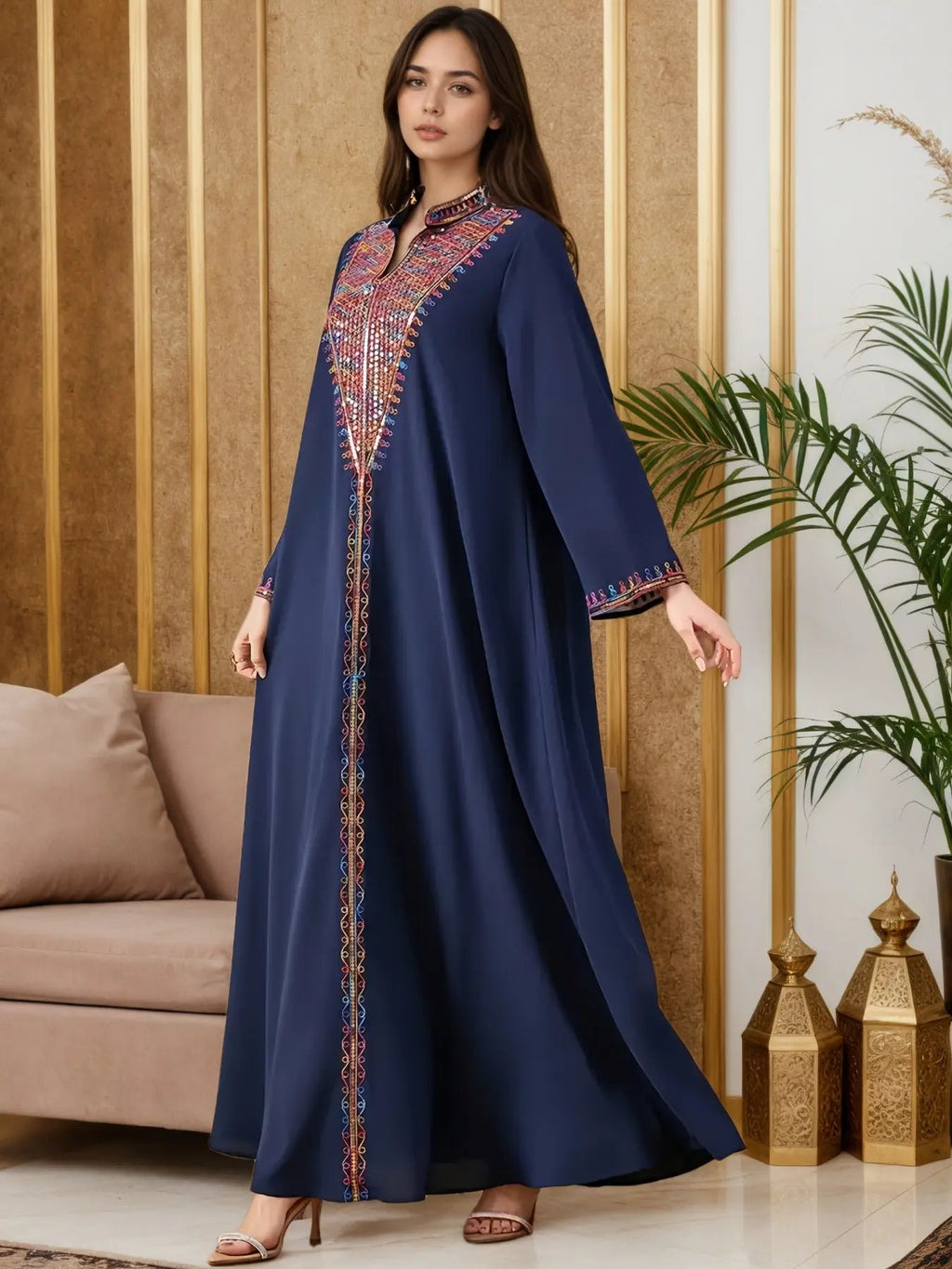 Elegante Abito Lungo Musulmano da Donna con Ricamo Colorato, Perfetto per Tutte le Stagioni, Abbigliamento Elegante e Confortevole, Abiti Musulmani da Donna