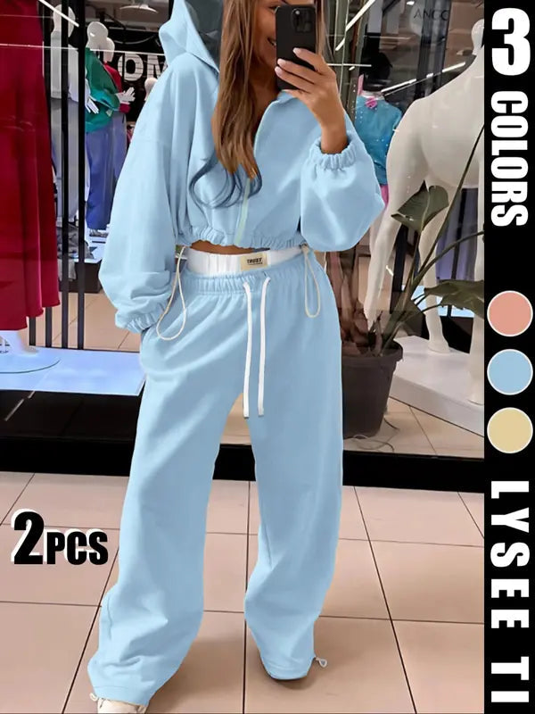 Ensemble ample à capuche avec cordon de serrage taille, couleur unie, style sport décontracté pour femme