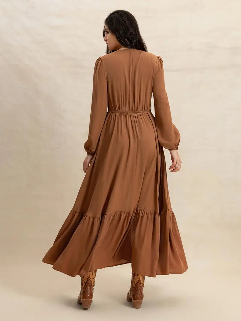 Robe unie à col en V et manches longues pour femme, robe tissée décontractée ajustée pour toutes les saisons, vêtements féminins à la mode pour le quotidien
