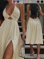 Nuovo abito estivo sexy a portafoglio con scollo a V, gonna spaccata stile spiaggia, abito lungo alla moda da donna, perfetto per le vacanze
