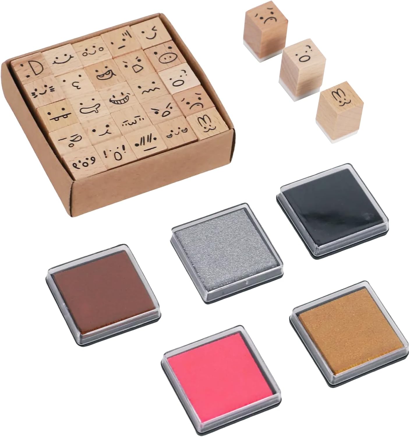 30PCS Wooden Rubber Stamps, Vintage Wood Letter, Mini Cute Emoji Stamps for Cards Making DIY Scrapbooking Photo Album Decoration