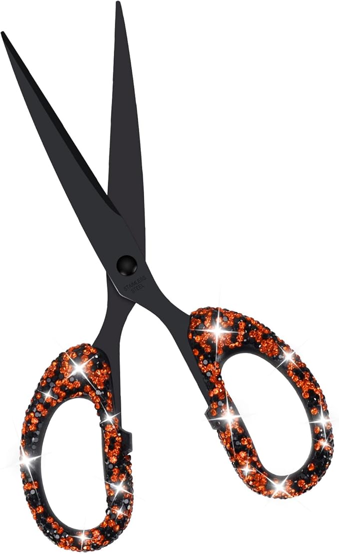 7.68-Inch Rhinestone Scissors - Bling Metal Cute Craft Scissors for School, Office, Halloween - Sparkly Handle Paper Cutter (Orange)