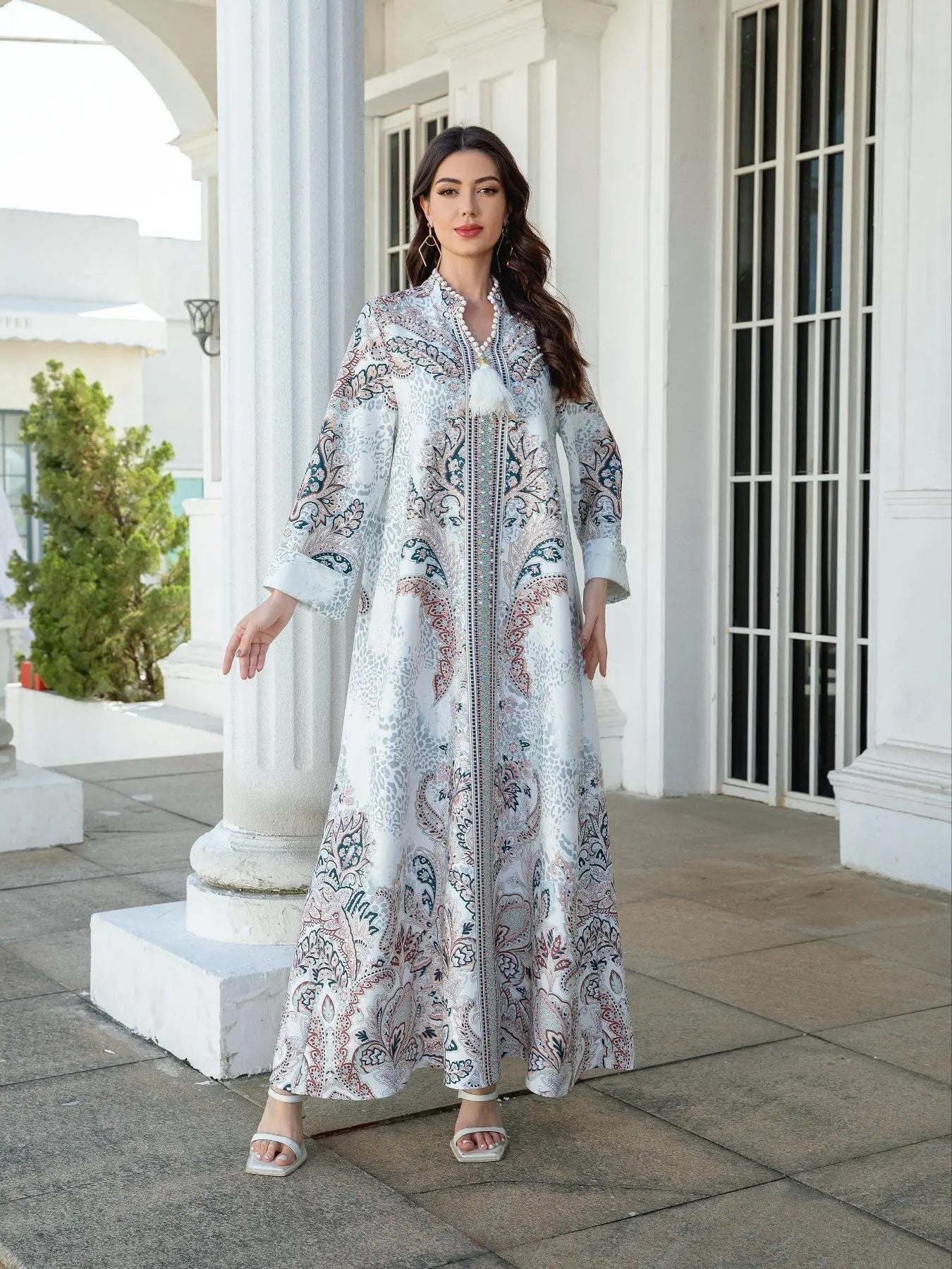 Vestito Lungo da Donna Scollo a V, Jalabiya A-line Vestibilità Morbida per Tutte le Stagioni, Morbido Tessuto Elasticizzato 75D, Elegante Abbigliamento Arabo