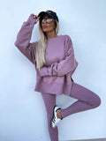 Ensemble deux pièces oversize pour femme - Sweat-shirt à ourlet fendu et pantalon skinny, pull décontracté à col rond et manches longues, vêtements pour femme pour l'automne et costumes d'hiver basiques, Gamis pour femme