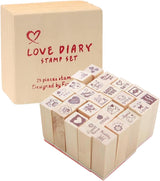 25Pcs Small Heart Shape Wooden Rubber Stamps with Box Mini Cute DIY Diary Stamps Set for Craft Decorating Scrapbooking and Wedding Invitation Cards (Red 25pcs Love)