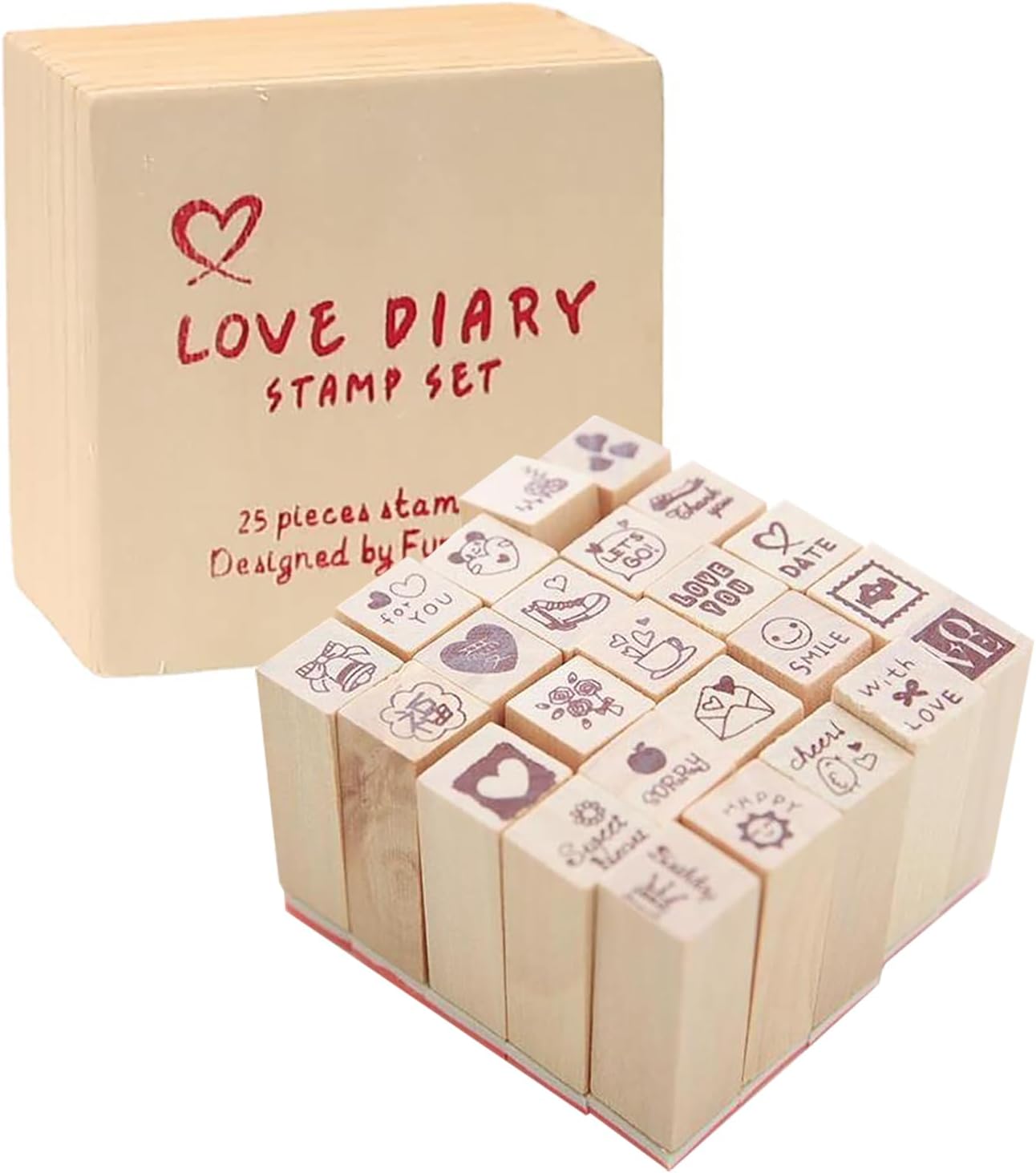 25Pcs Small Heart Shape Wooden Rubber Stamps with Box Mini Cute DIY Diary Stamps Set for Craft Decorating Scrapbooking and Wedding Invitation Cards (Red 25pcs Love)