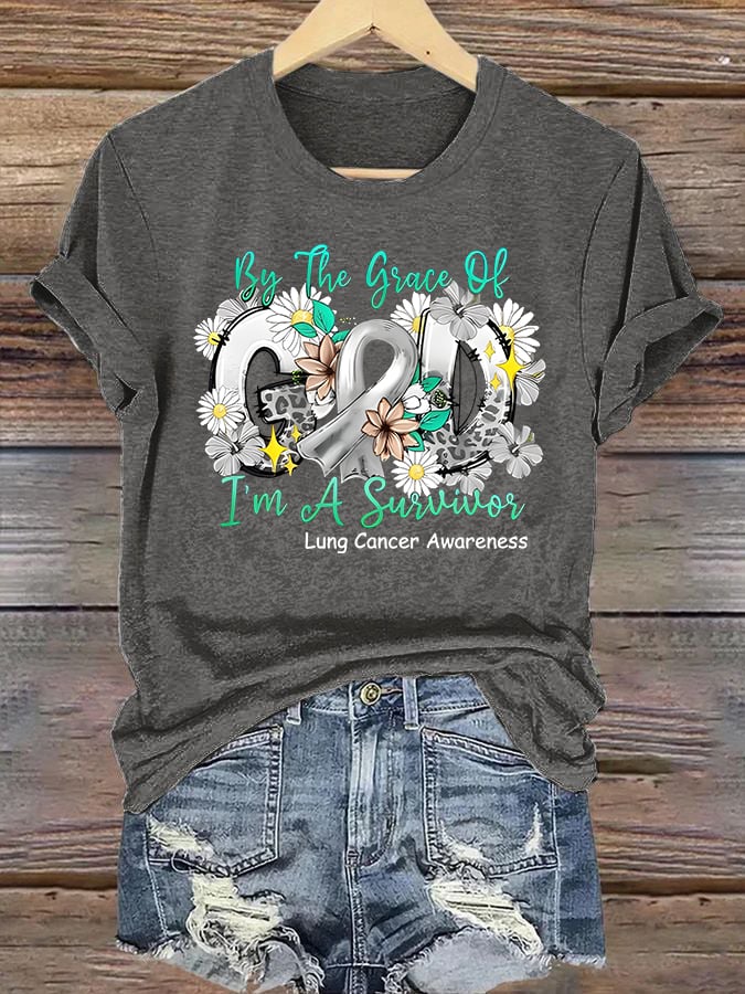 Women'S Casual "By Grace, I Am A Survivor" Lung Cancer Awareness Printed Short-Sleeve T-Shirt