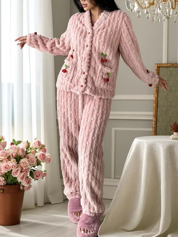 Ensemble de détente doux avec décorations de cerises pour femme, ensemble élégant et décontracté haut à manches longues et pantalon, vêtements de nuit pour femme pour l'automne et l'hiver, pyjama