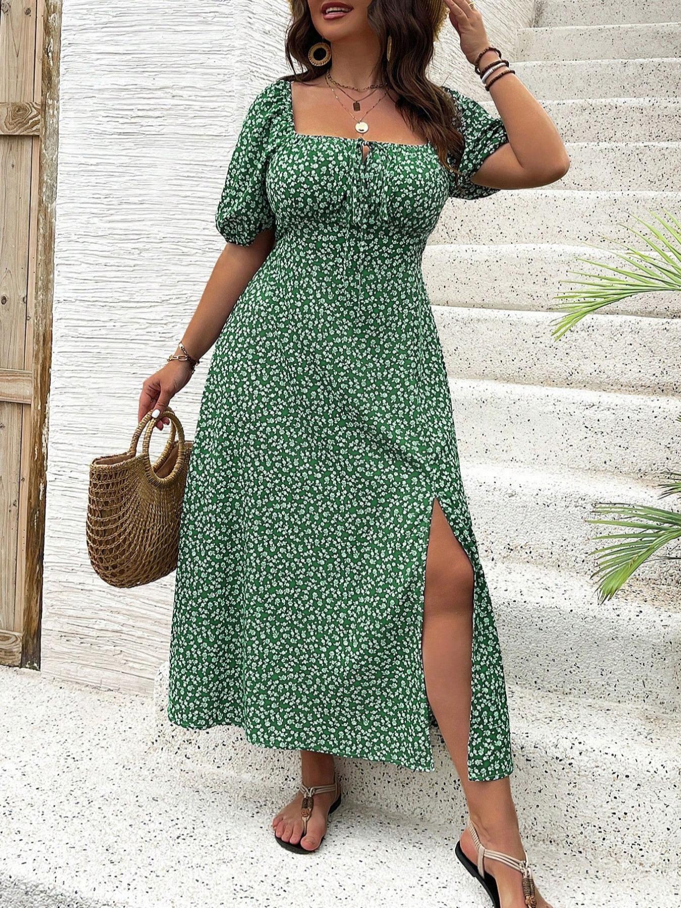 [Grandes tailles] Robe d'été décontractée bohème à fleurs/imprimé intégral, avec fente et manches bouffantes, à nouer sur le devant, vêtements grandes tailles pour femmes, pour le quotidien
