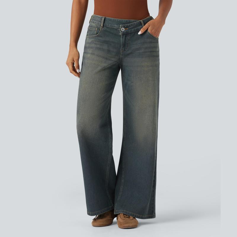 Jeans casual asimmetrici a vita bassa con tasche con cerniera, taglio ampio e slavato