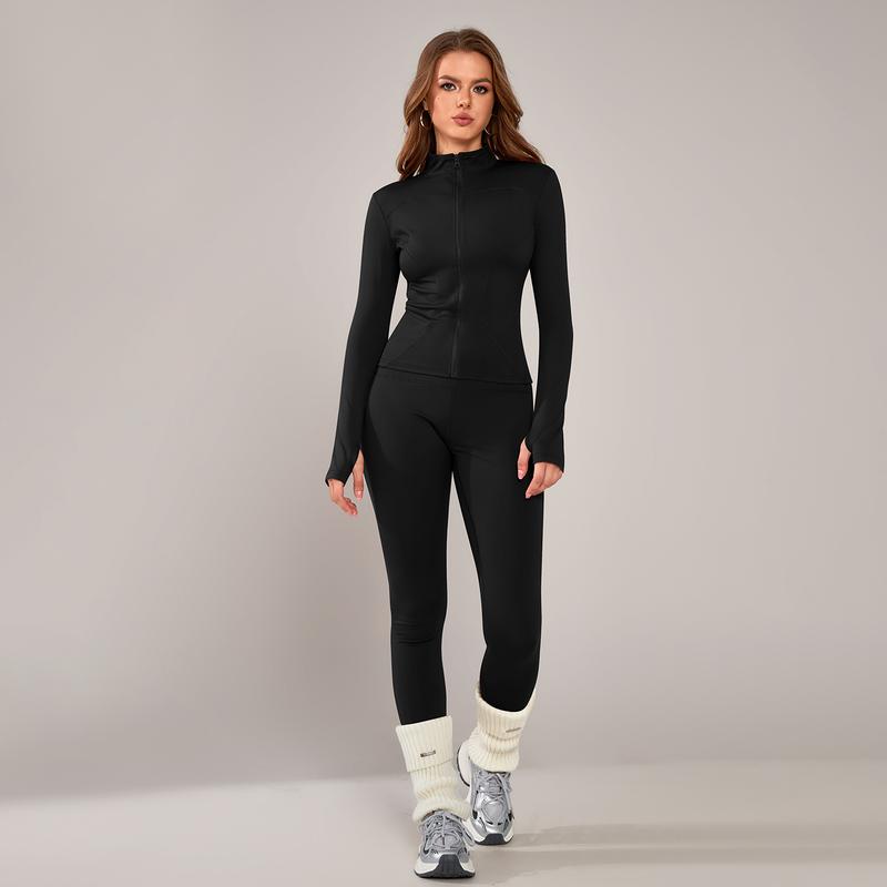 Giacca sportiva da donna con zip intera, maniche lunghe, vestibilità aderente, tessuto elasticizzato ad asciugatura rapida con fori per i pollici per corsa, yoga, palestra, allenamento, abbigliamento sportivo