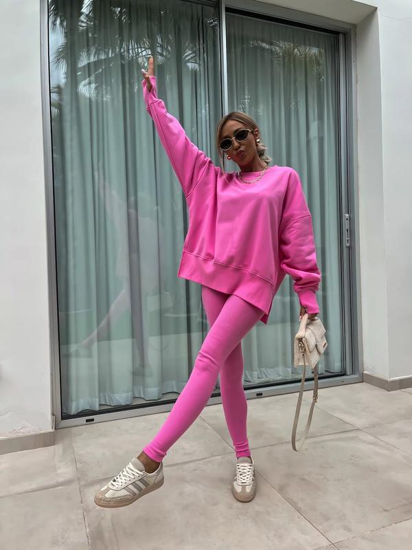 Ensemble deux pièces oversize pour femme - Sweat-shirt à ourlet fendu et pantalon skinny, pull décontracté à col rond et manches longues, vêtements pour femme pour l'automne et costumes d'hiver basiques, Gamis pour femme