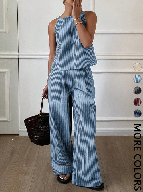 Ensemble décontracté deux pièces d'été pour femme, composé d'un débardeur léger à rayures fines et d'un pantalon long ample, ensemble confortable et élégant.
