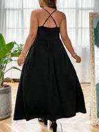 Robe Caraco Grande Taille sans Dos et Croisée, Robe trapèze décontractée unie sans manches à fines bretelles pour l'été, Vêtements pour femmes pour fête et vacances