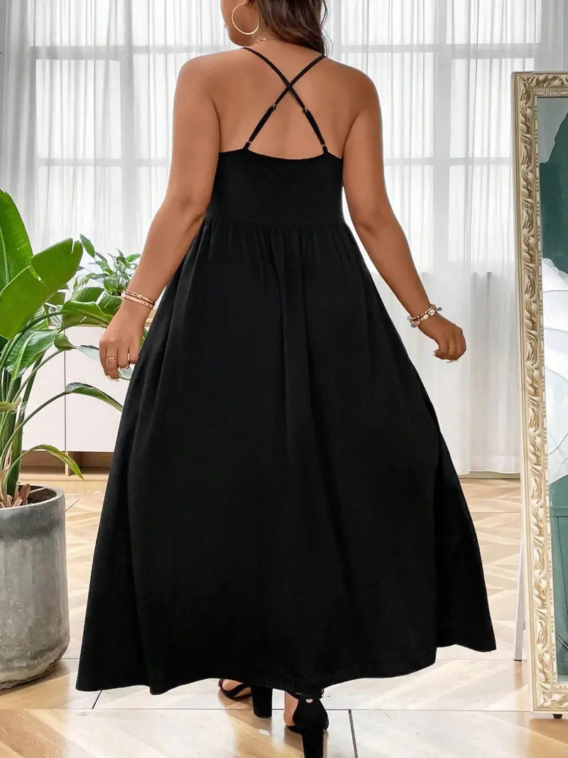 Robe Caraco Grande Taille sans Dos et Croisée, Robe trapèze décontractée unie sans manches à fines bretelles pour l'été, Vêtements pour femmes pour fête et vacances