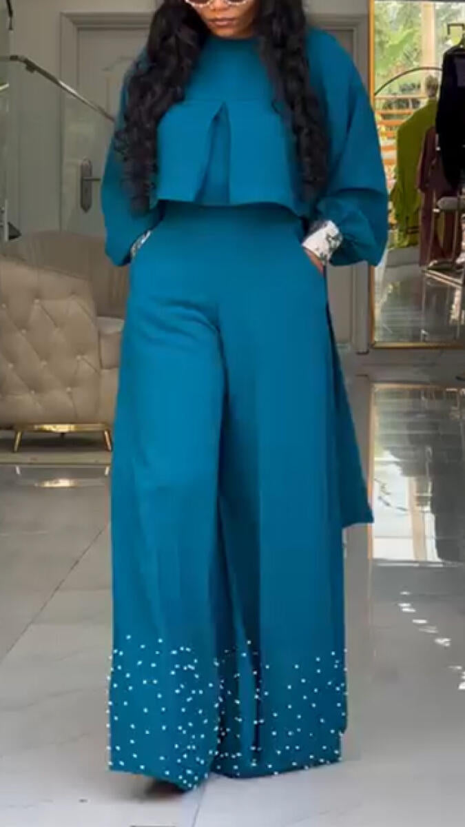 Set Casual da Donna con Top a Girocollo a Fantasia e Pantaloni