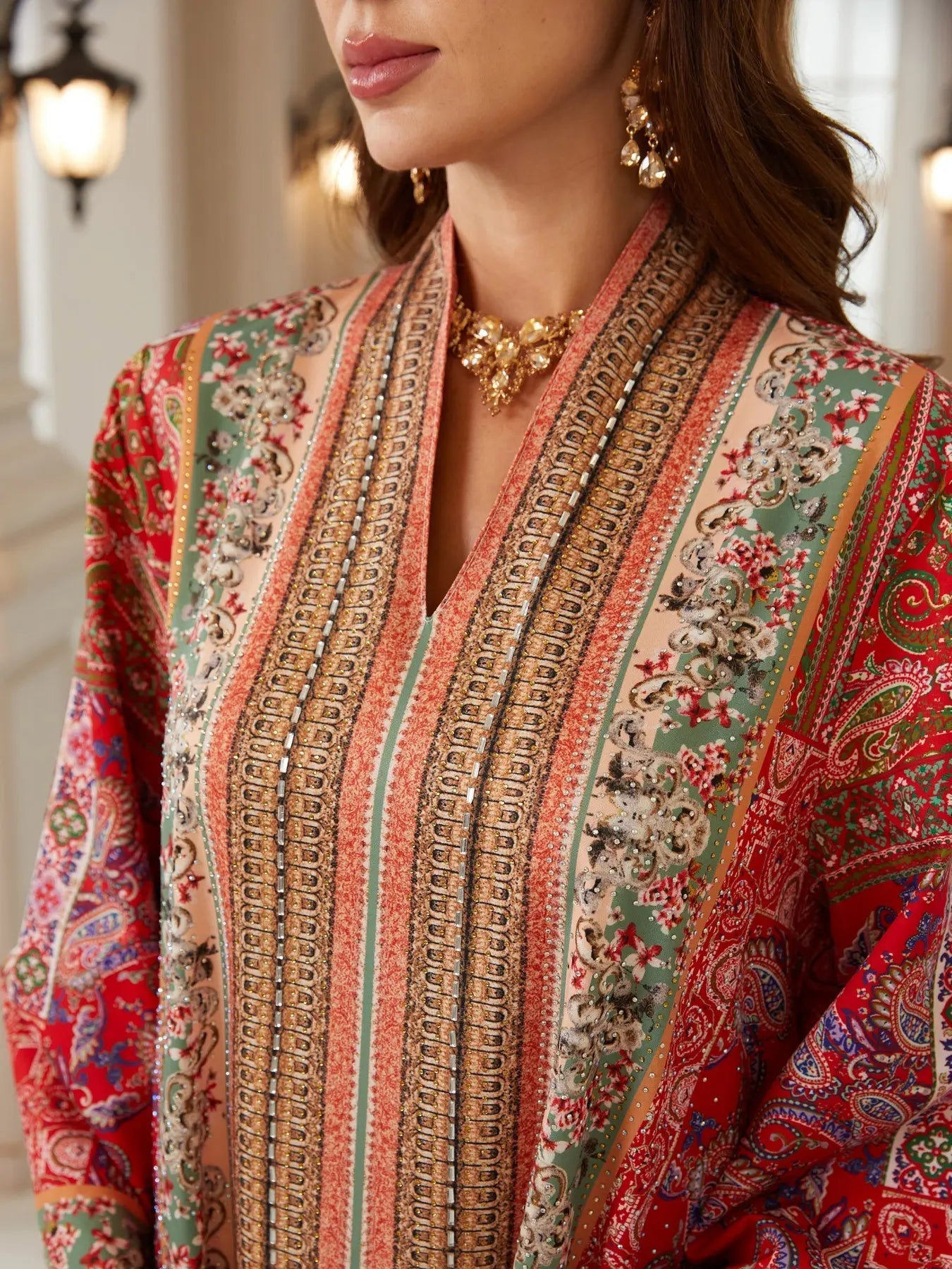 Vestito caftano con perline e stampa bohémien, Abito lungo da sera in stile abaya Jalabiya, Nuova moda femminile mediorientale, Abito elegante da festa, Caftano con stampa etnica