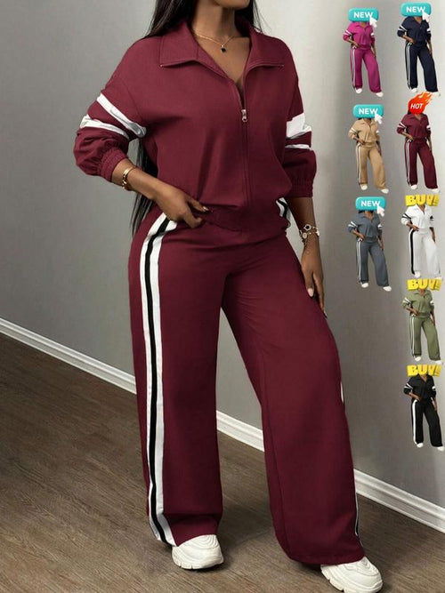 Ensemble Veste Zippée & Pantalon Large Rayé pour Femme, Style Urbain & Décontracté, Costume Deux Pièces pour Usage Quotidien