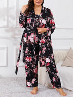 [Taglie Forti] Completo Pigiama Tre Pezzi con Stampa Floreale, Vestaglia con Cintura, Top con Spalline e Pantaloni a Vita Elasticizzata