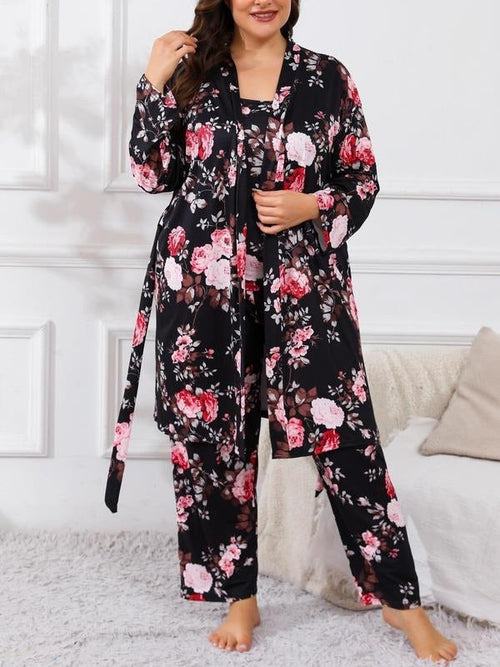 [Taglie Forti] Completo Pigiama Tre Pezzi con Stampa Floreale, Vestaglia con Cintura, Top con Spalline e Pantaloni a Vita Elasticizzata