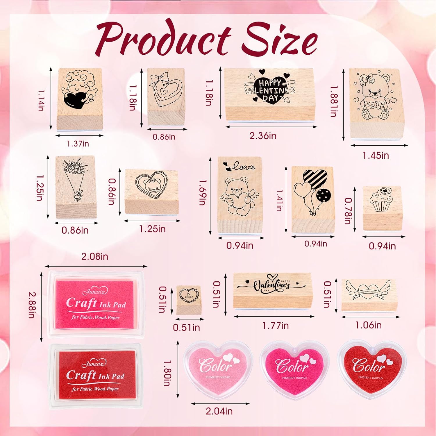 17 Pcs Valentine Wooden Rubber Stamps and Craft Ink Pads DIY Craft Card Stamps Pads for Scrapbooking Kids Art Project Paper Wood Fabric Advent Holiday Stamps